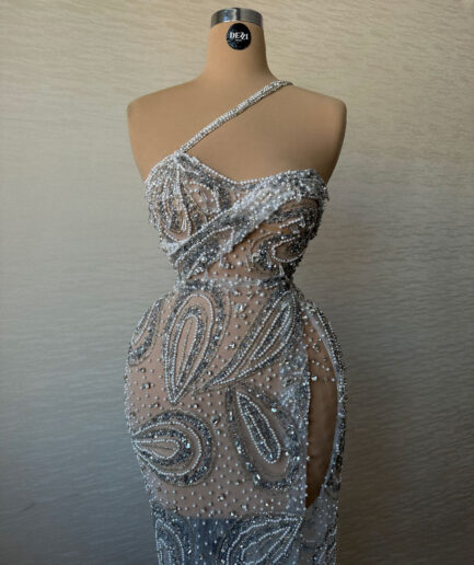 Long Open-Slit Silver Dress With Beaded Pearls