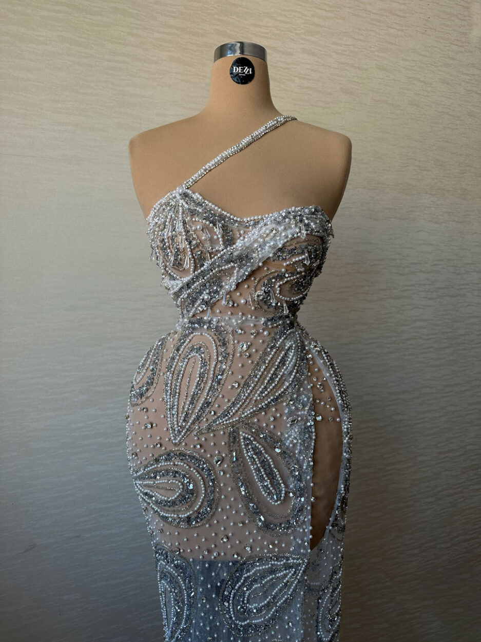 Long Open-Slit Silver Dress With Beaded Pearls