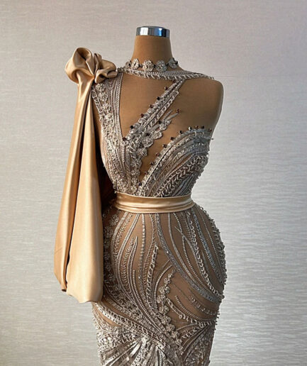 Long Silver Lace Intricated Details Dress with a golden Shoulder