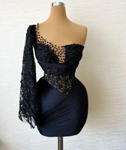 Short Intricate Black Dress with One Shoulder