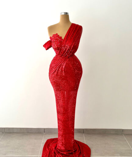 Long Mermaid Red Sequins Dress with Unique Neckline