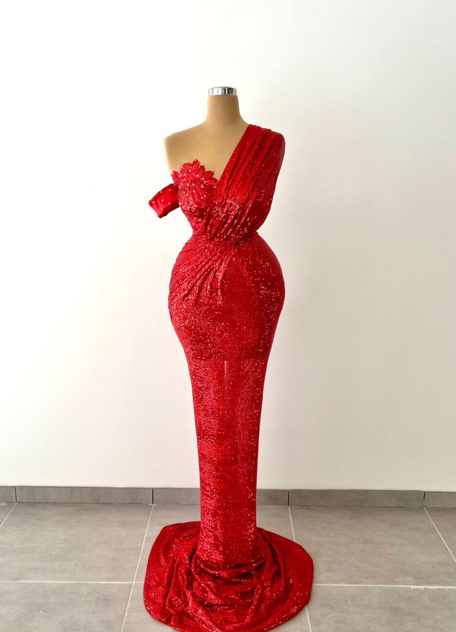 Long Mermaid Red Sequins Dress with Unique Neckline