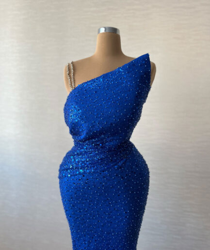 Blue Maxi Dress with Sequins Small Pearls, and Unique Neckline