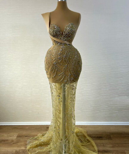 Mermaid Long Golden Dress with Intricate Details