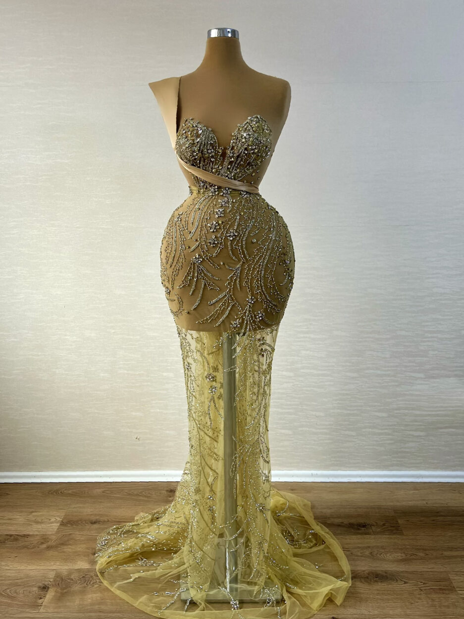 Mermaid Long Golden Dress with Intricate Details