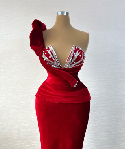 Long Red Dress With Sweetheart Neckline Embellished with Pearls and Stones!