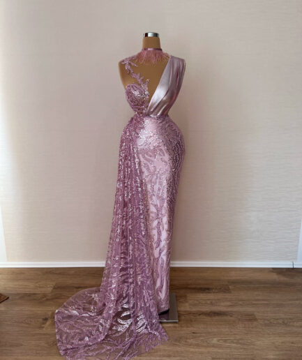 Long Mermaid Purple Dress with Intricate Details and a Train