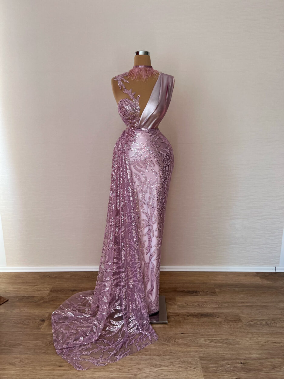 Long Mermaid Purple Dress with Intricate Details and a Train