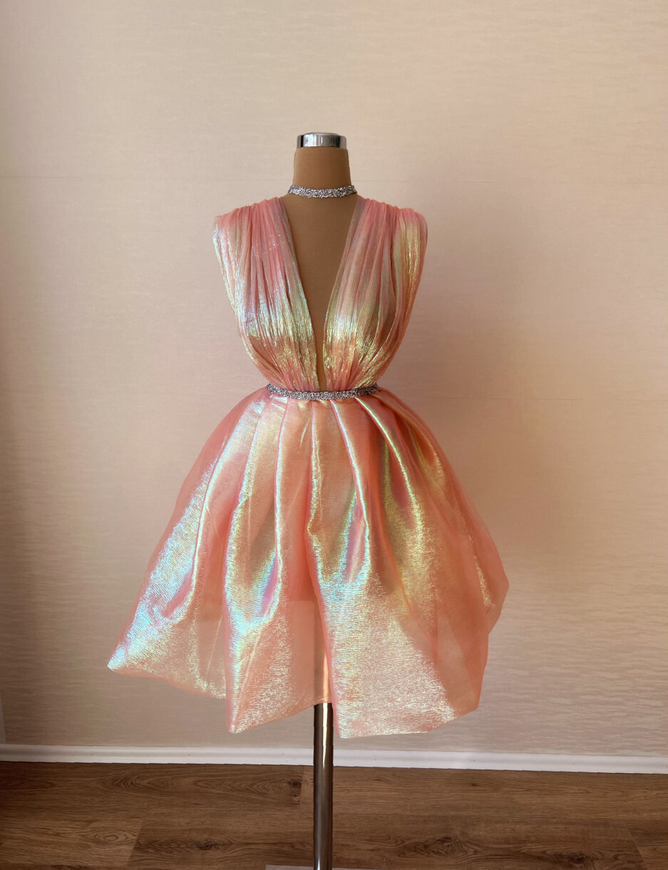 Short Fairy Multicolor Dress with Deep V Neckline