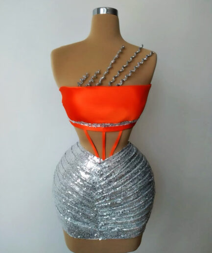 Short Sexy Dress with Orange Corset and Silver Bottom