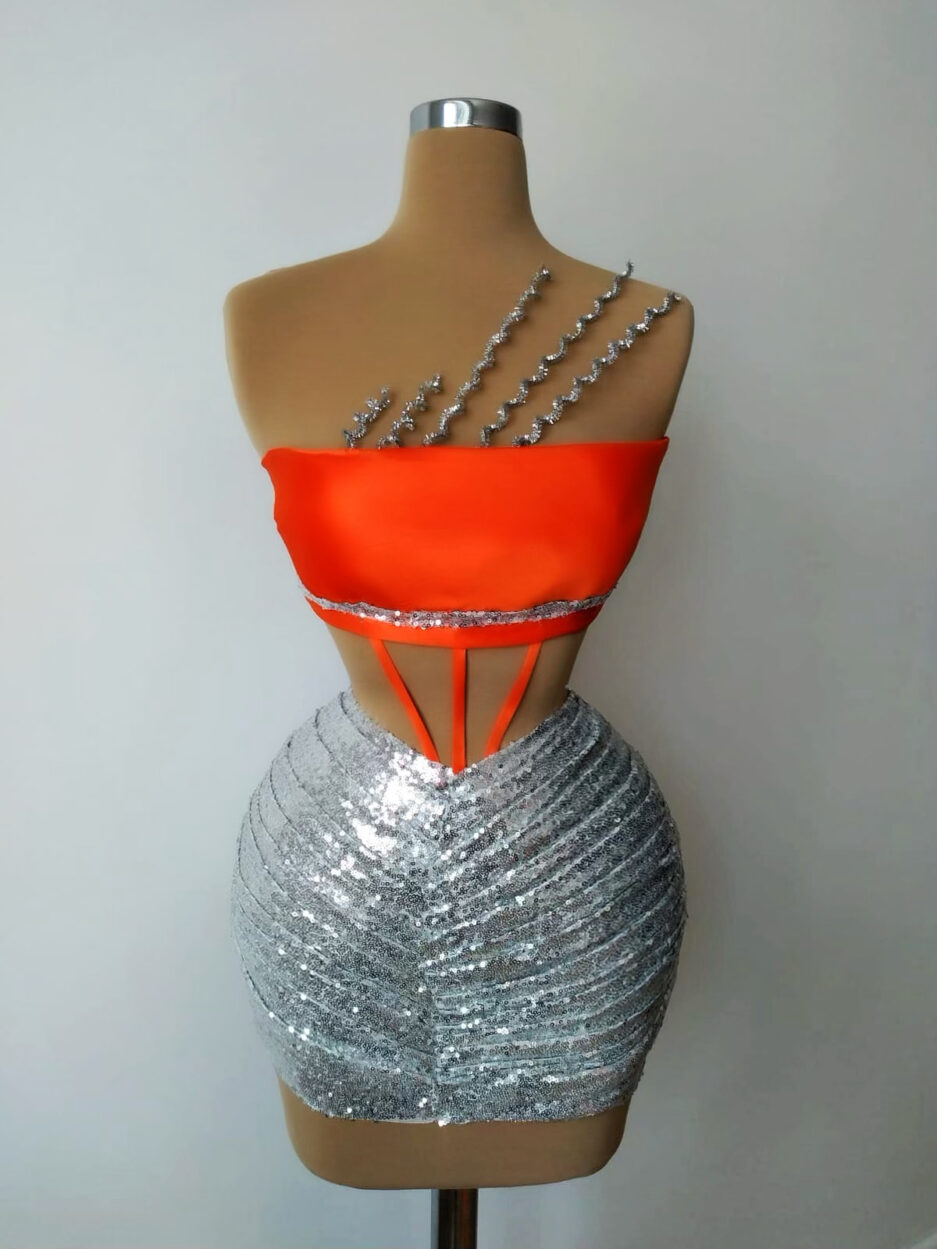 Short Sexy Dress with Orange Corset and Silver Bottom