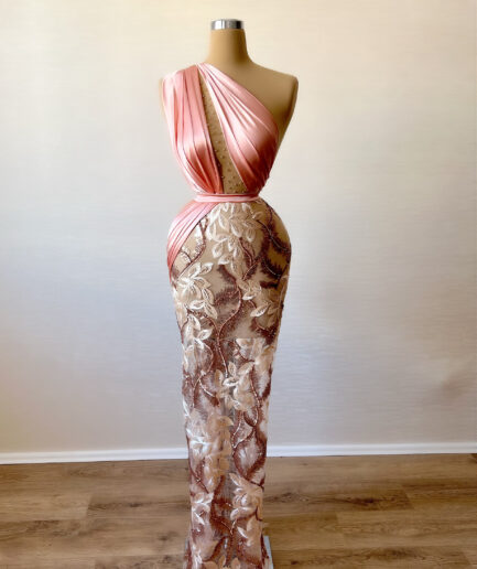 Long Pink Dress with Unique Cut and Intricate Lace Details