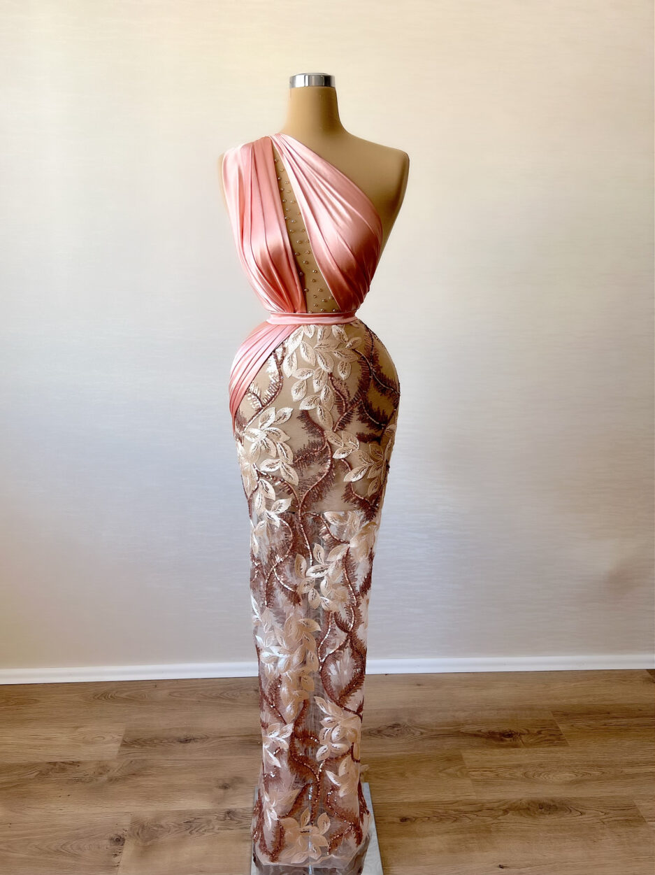 Long Pink Dress with Unique Cut and Intricate Lace Details