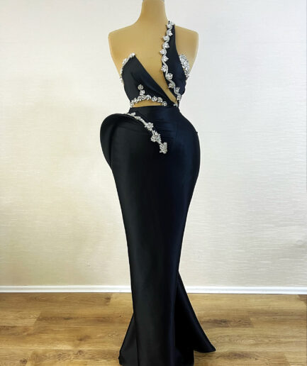 Black Long Dress with Unique Cuts and Intricate Silver Details