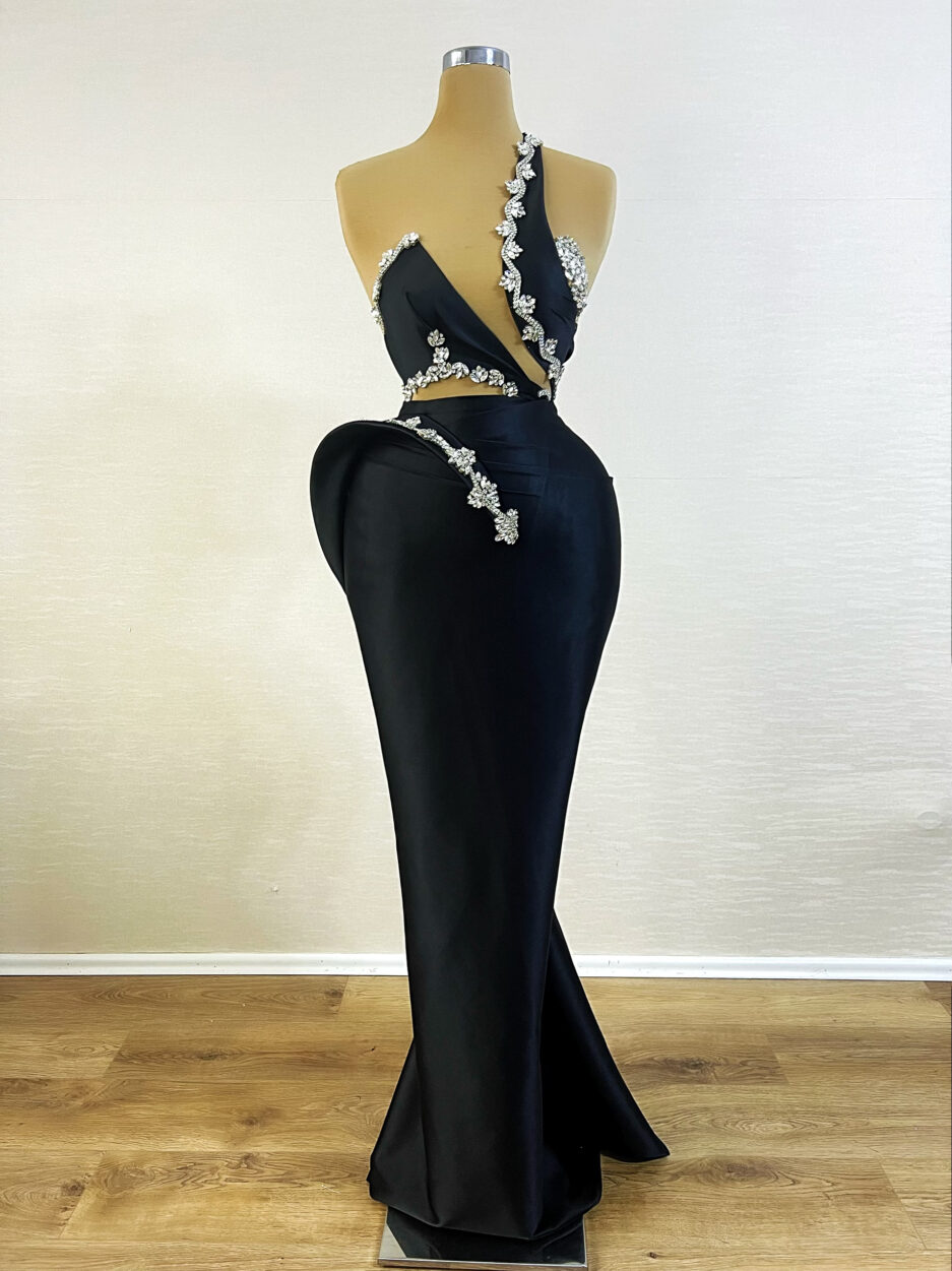 Black Long Dress with Unique Cuts and Intricate Silver Details