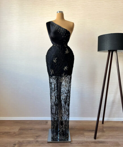 Black Long Dress with Detailed Lace and Left Off-Shoulder