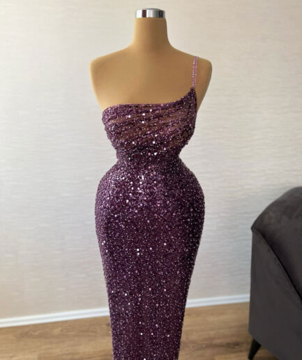 Shiny Long Emerald Purple Sequin Dress with Right Off-Shoulder