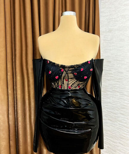 Short Black Latex Dress with Pink Details and Intricate Bodice