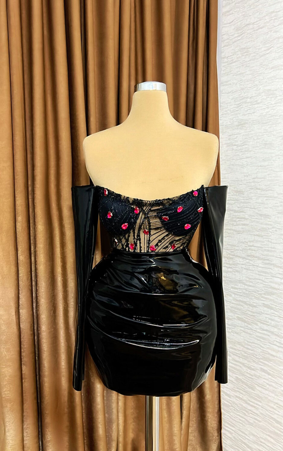 Short Black Latex Dress with Pink Details and Intricate Bodice