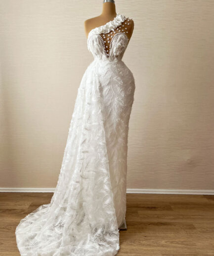 Long Mermaid White Lace Dress with Deep Cut Bodice and Long Train