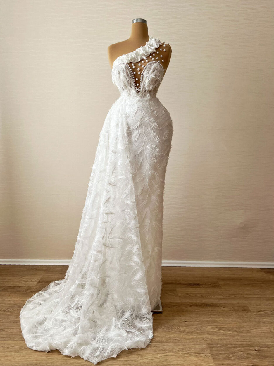 Long Mermaid White Lace Dress with Deep Cut Bodice and Long Train