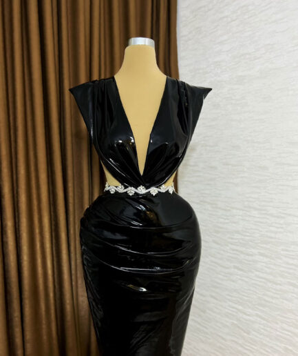 Long Latex Dress with Deep Cut Bodice and Details Intricate Waist