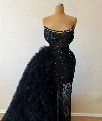 Long Navy Blue Lace Dress With a Long Tulle Train and Embellished Pearls