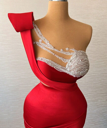 Short Red Dress with Unique Silver Intricate Details Bodice and Cuts