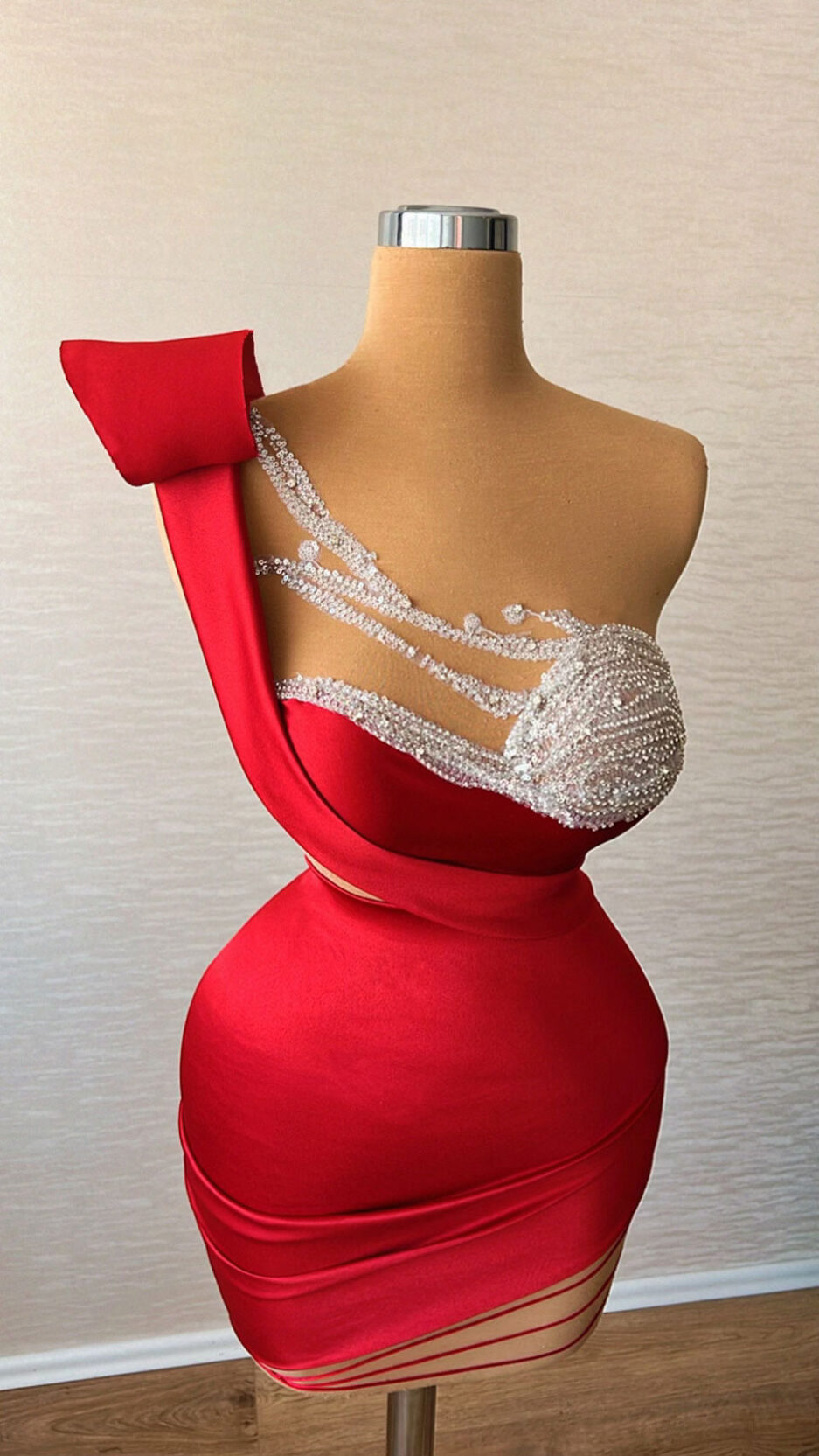 Short Red Dress with Unique Silver Intricate Details Bodice and Cuts