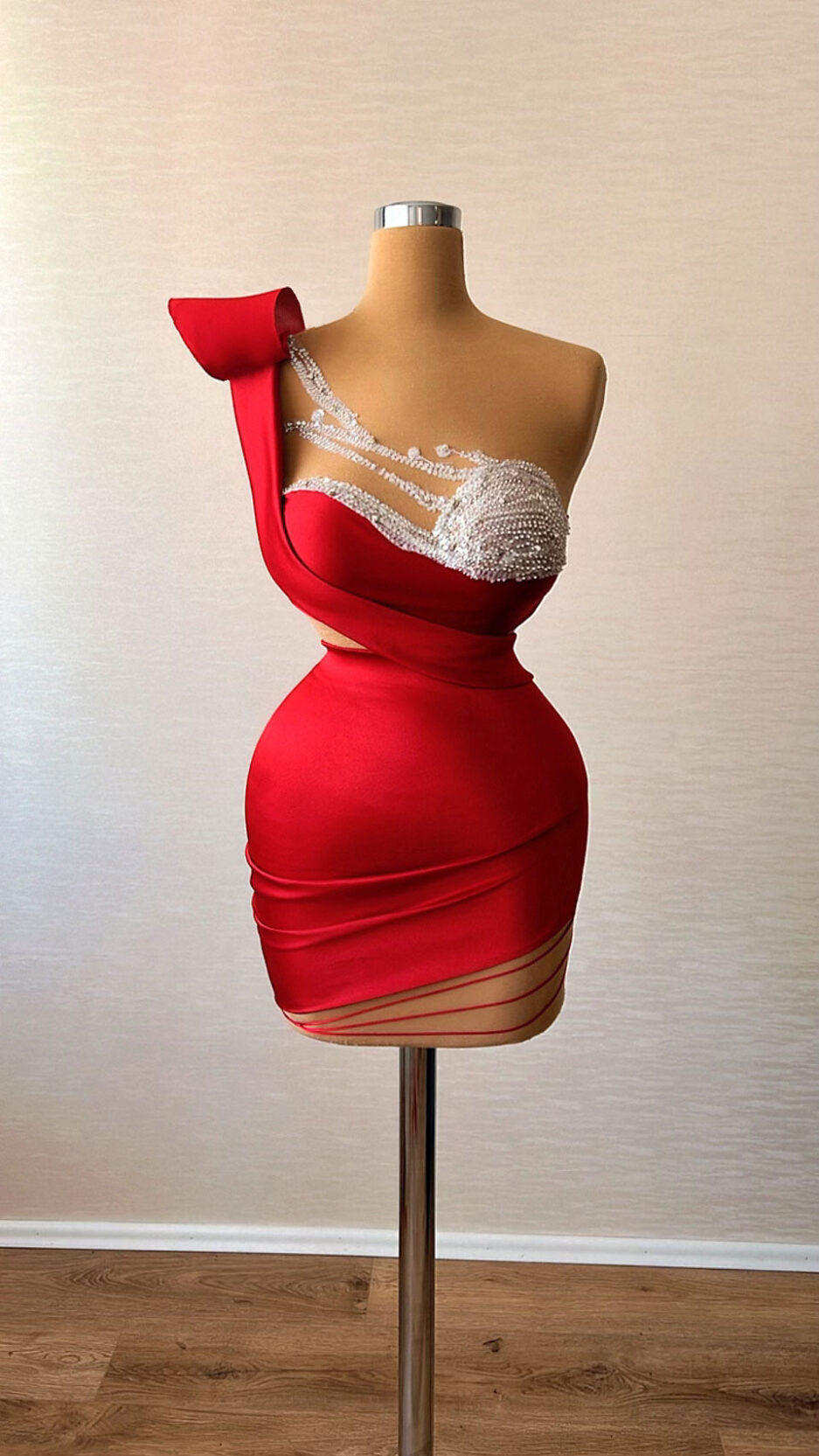 Short Red Dress with Unique Silver Intricate Details Bodice and Cuts