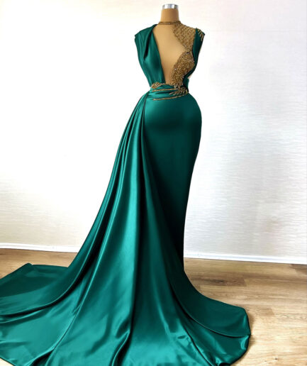 Sleeveless Green Long Mermaid Dress with Low-Cut Open Chest and Golden Embellished Details