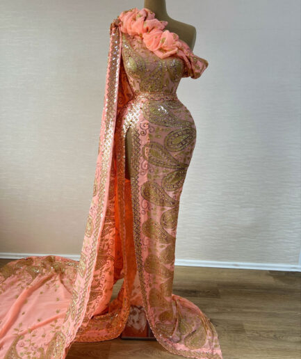 Long Mermaid Pink Dress with a Shoulder Train and Golden Intricate