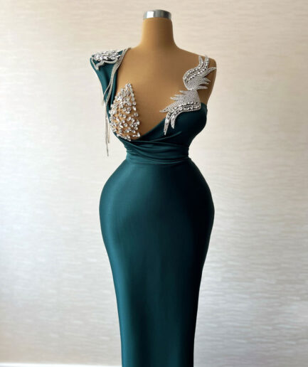 Sleeveless Dark Emerald Green Long Dress with Silver Intricate Details