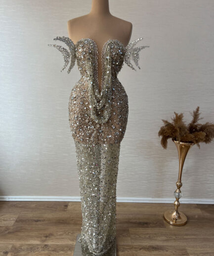 Sleeveless Long Silver Dress With Low-Cut Bodice and Intricate Details