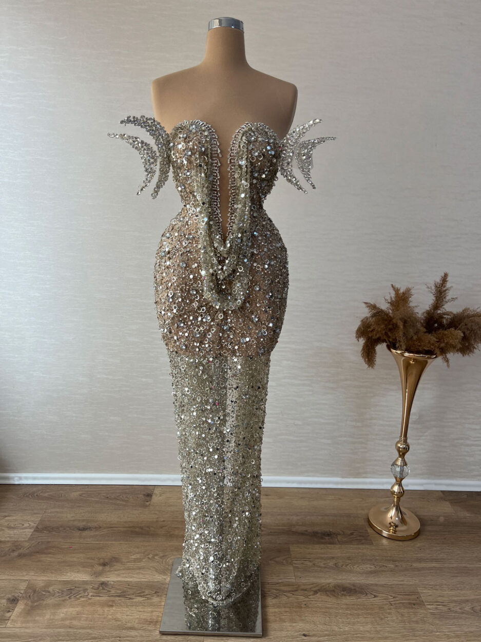 Sleeveless Long Silver Dress With Low-Cut Bodice and Intricate Details