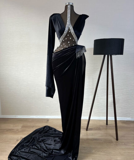 Long Black Dress with Intricate Silver Details and Long Tail