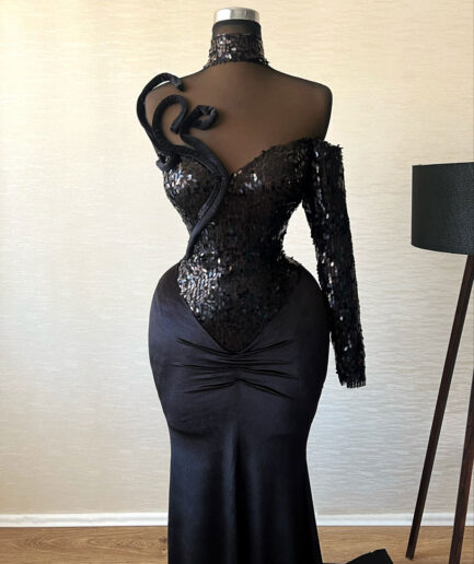 Long Black One-Sided Tail Dress with Sequins Bodice