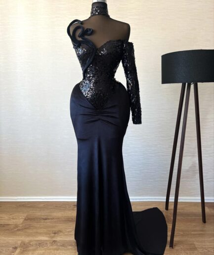 Long Black One-Sided Tail Dress with Sequins Bodice