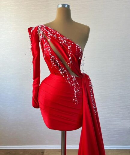 Short Red Elegant Dress with One-Sided Train and White Intricate Pearls