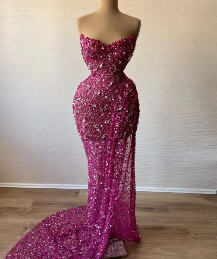 Long Mermaid Purple Dress with Embellished Stones