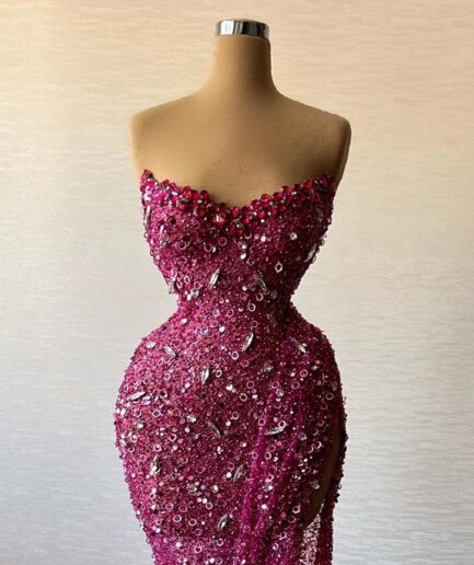 Long Mermaid Purple Dress with Embellished Stones