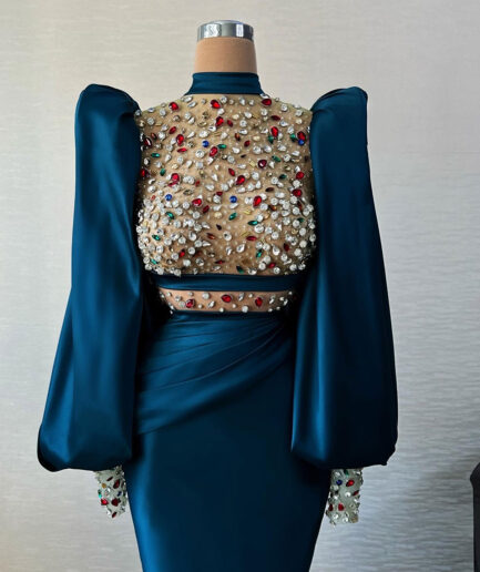 Long Royal Blue Dress with Colorful embellishment and Puffy Sleeves