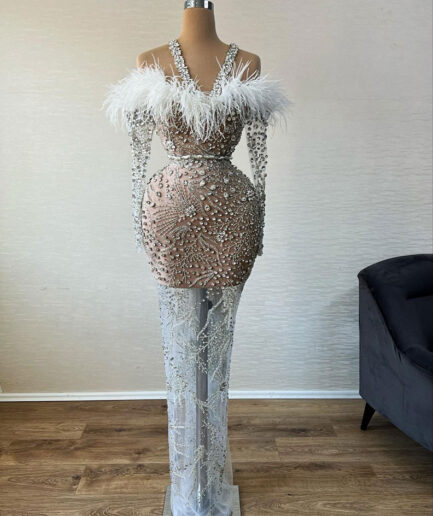 Long Silver Lace Dress with Feathered Bodice