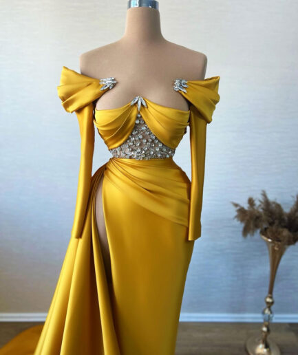 Off-Shoulder Long Yellow Dress with High Slit and Embellished Bodice