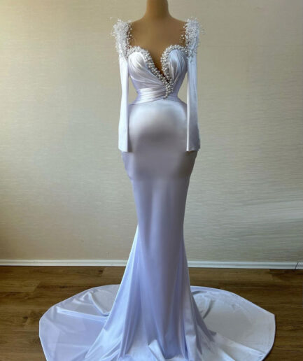 Long White Dress with Embellished Sweetheart Neckline