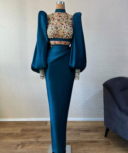 Long Royal Blue Dress with Colorful embellishment and Puffy Sleeves