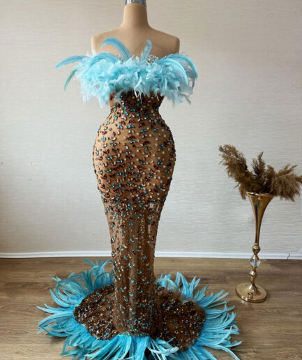 Colorful Mermaid Sleeveless Lace Dress with Blue Feathered Details