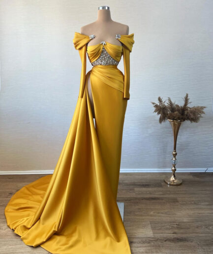 Off-Shoulder Long Yellow Dress with High Slit and Embellished Bodice