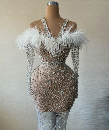 Long Silver Lace Dress with Feathered Bodice