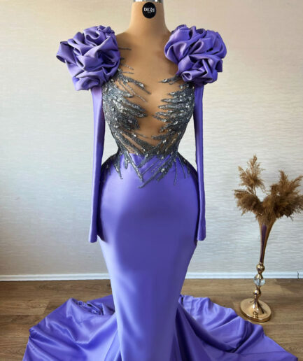 Long Mermaid Amethyst Dress with Intricate Bodice and Floral Shoulders